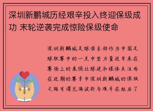 深圳新鹏城历经艰辛投入终迎保级成功 末轮逆袭完成惊险保级使命